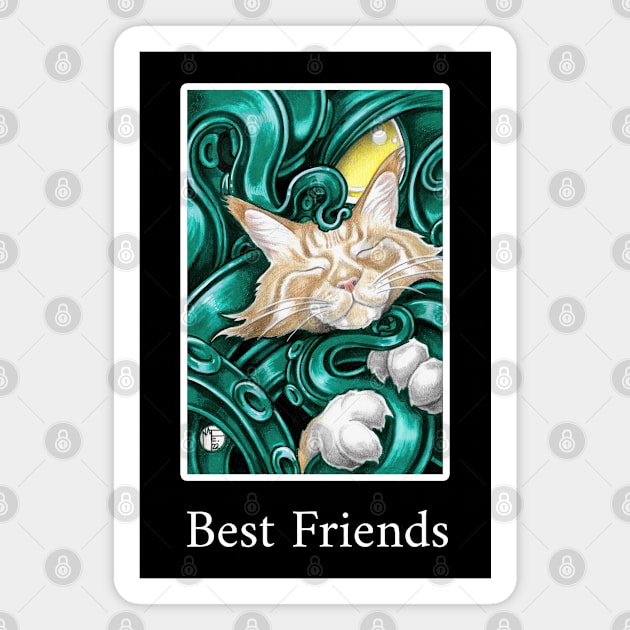 Cthulhu and Ginger Cat Friend - Best Friends - White Outlined Version Magnet by Nat Ewert Art